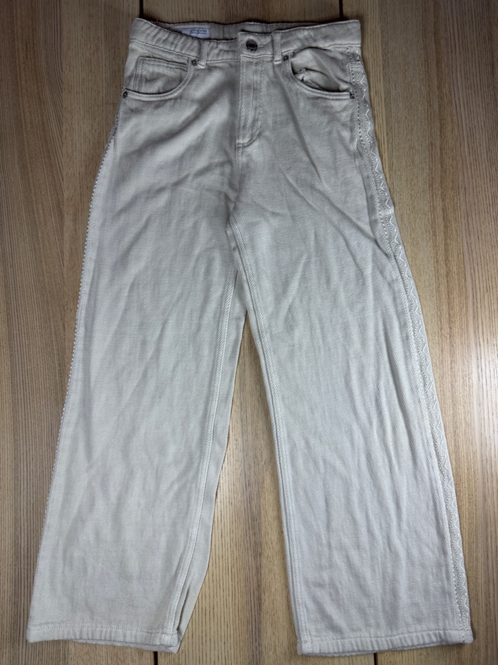 Zara Girls Off White Wide Leg Jeans Embroidered Side Trim Size 11-12 Cream Denim